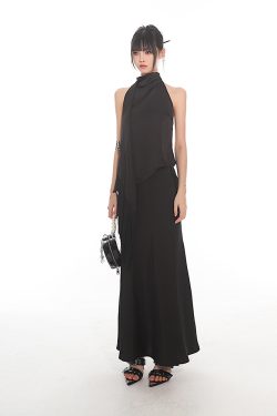 Chinese Style Dark Satin Halter Backless Vest and Mermaid Skirt Set - Slimming Elegant Outfit for Y2K and 90s Fashion