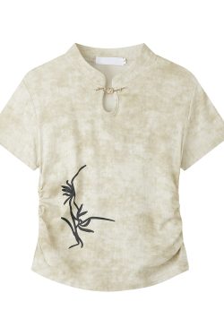 Chinese Style Tie-Dye Short Sleeve T-Shirt for Women, Summer Embroidery Pleated Waist Top, Boho National Wind Fashion