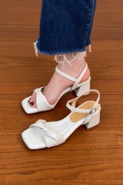 Chunky Heel Black Square Head Sandals for Women - Summer 2025 One-Word Leather Design, Trendy High Heels, Size 41