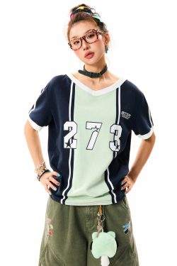 Color-Block V-Neck Short-Sleeve T-Shirt for Women - American-Style Letter Print, Summer Casual Loose Sports Top