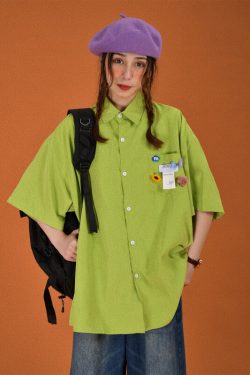 Colorful Candy Color Short Sleeve Shirt for Couples - Versatile Loose Fit Half Sleeve Top - Trendy Multi-Dopamine Style