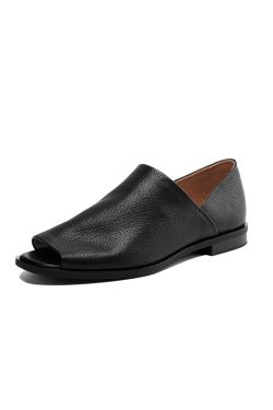 Comfortable Black Peep-Toe Flat Sandals for Women - Soft Sole Casual Summer Shoes 2025, Trendy Sheepskin Design