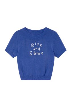 Contrast Color Letter Embroidery Short-Sleeve Knitted Top for Women - Spring/Summer 2023, Slightly Loose Fit T-Shirt