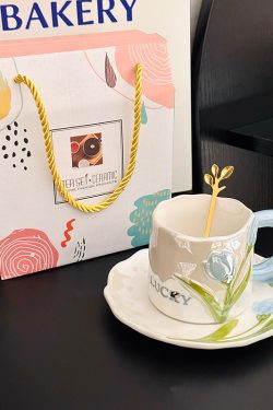Delicate Pearl Glaze Tulip Ceramic Cup and Saucer Set - Elegant Coffee Gift for Girls, Luxurious Birthday Present