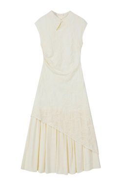 Elegant Women's Irregular Qipao Dress with Heavy Embroidery, National Style, Faux Two-Piece Design for a Sophisticated Look