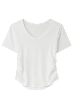 Elegant Yellow V-Neck Short Sleeve T-Shirt for Women with Waist Design and Pleats, Perfect for Casual 90s Inspired Looks