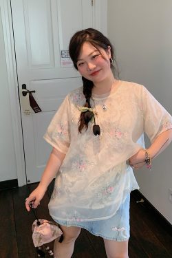 Embroidered Chinese Style Lace T-Shirt for Women, Short Sleeve Plus Size Top, Summer 2025 Fashion, Bohemian & National Wind Design