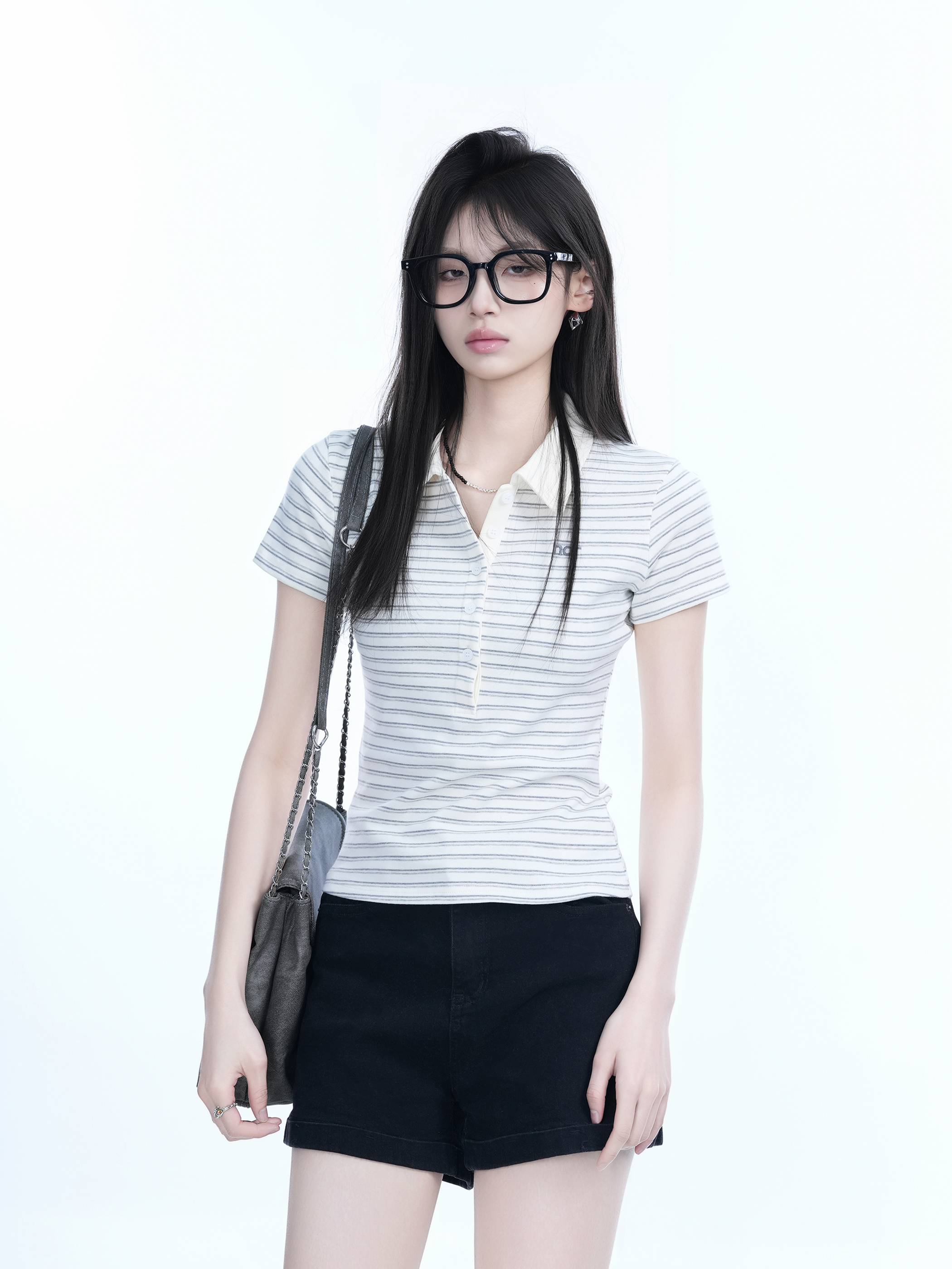 Fitted Short-Sleeve Striped Polo Shirt for Women - European American College Style, Slimming Design, Trendy Casual Wear