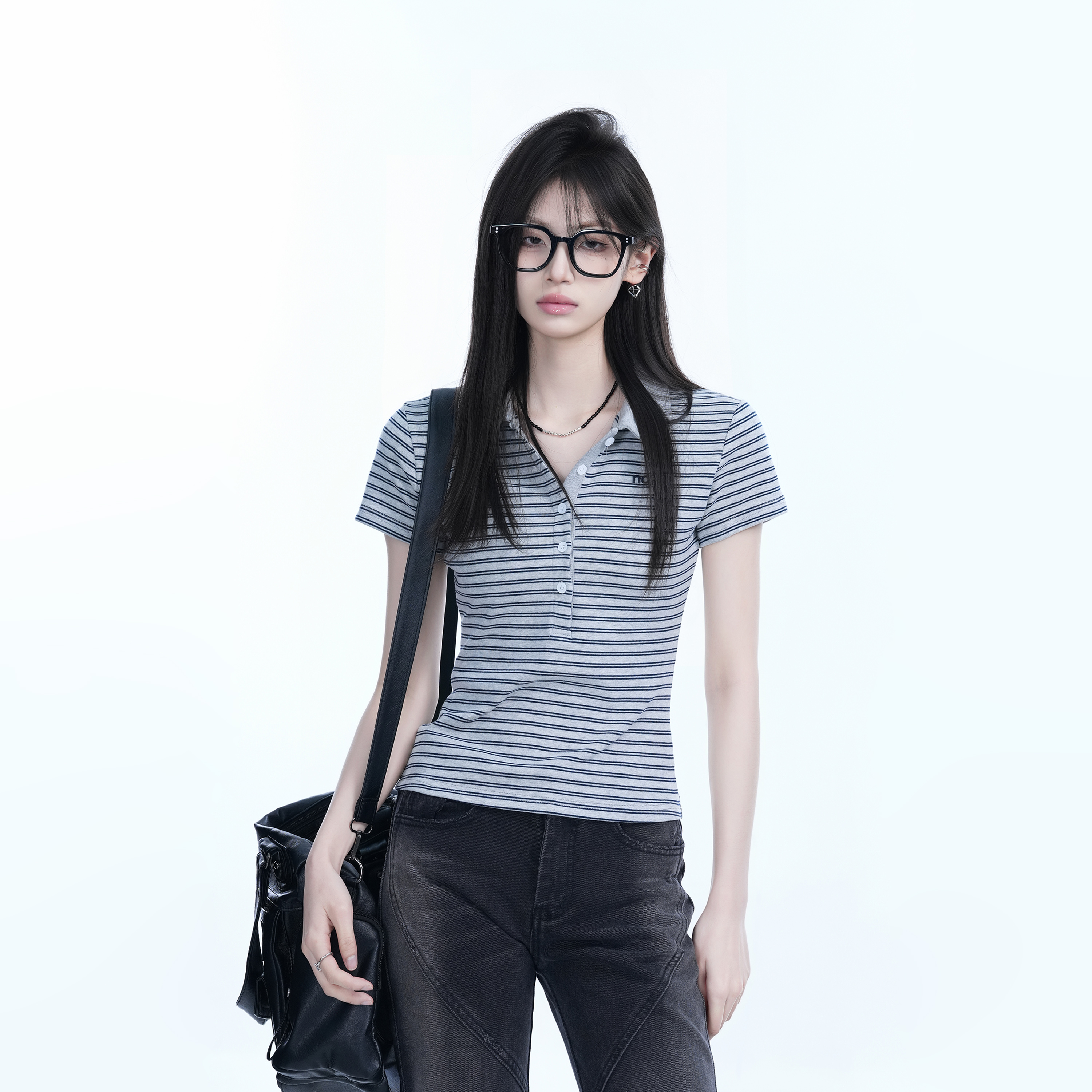 Fitted Short-Sleeve Striped Polo Shirt for Women - European American College Style, Slimming Design, Trendy Casual Wear