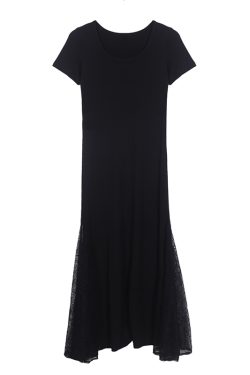 Fitted Spliced Short-Sleeve Dress, Modal, Slimming Lace Round Neck, Black Long Dress, 2025 Summer Style, European American Fashion
