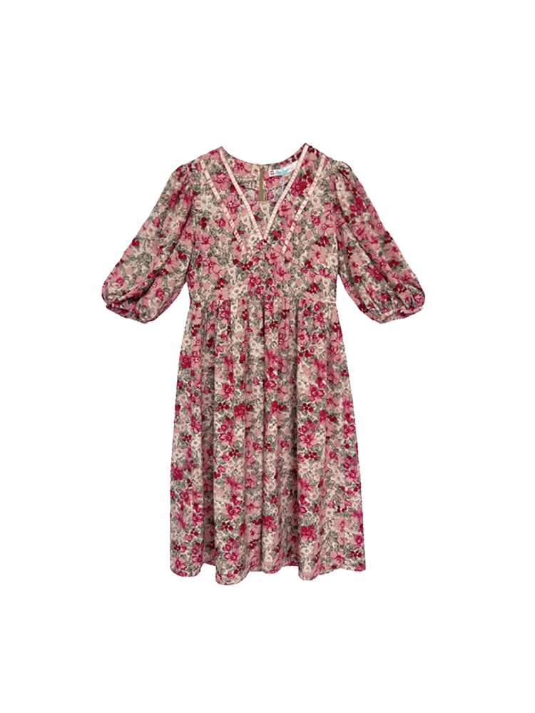 Flora Honey Red Retro Floral Short Sleeve Dress for Women - Summer Puff Sleeve Vintage Style