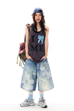 Floral 3D Chain Print Wide-Leg Denim Shorts for Women - American Style Loose-Fit Three-Quarter Pants, Trendy Y2K Fashion