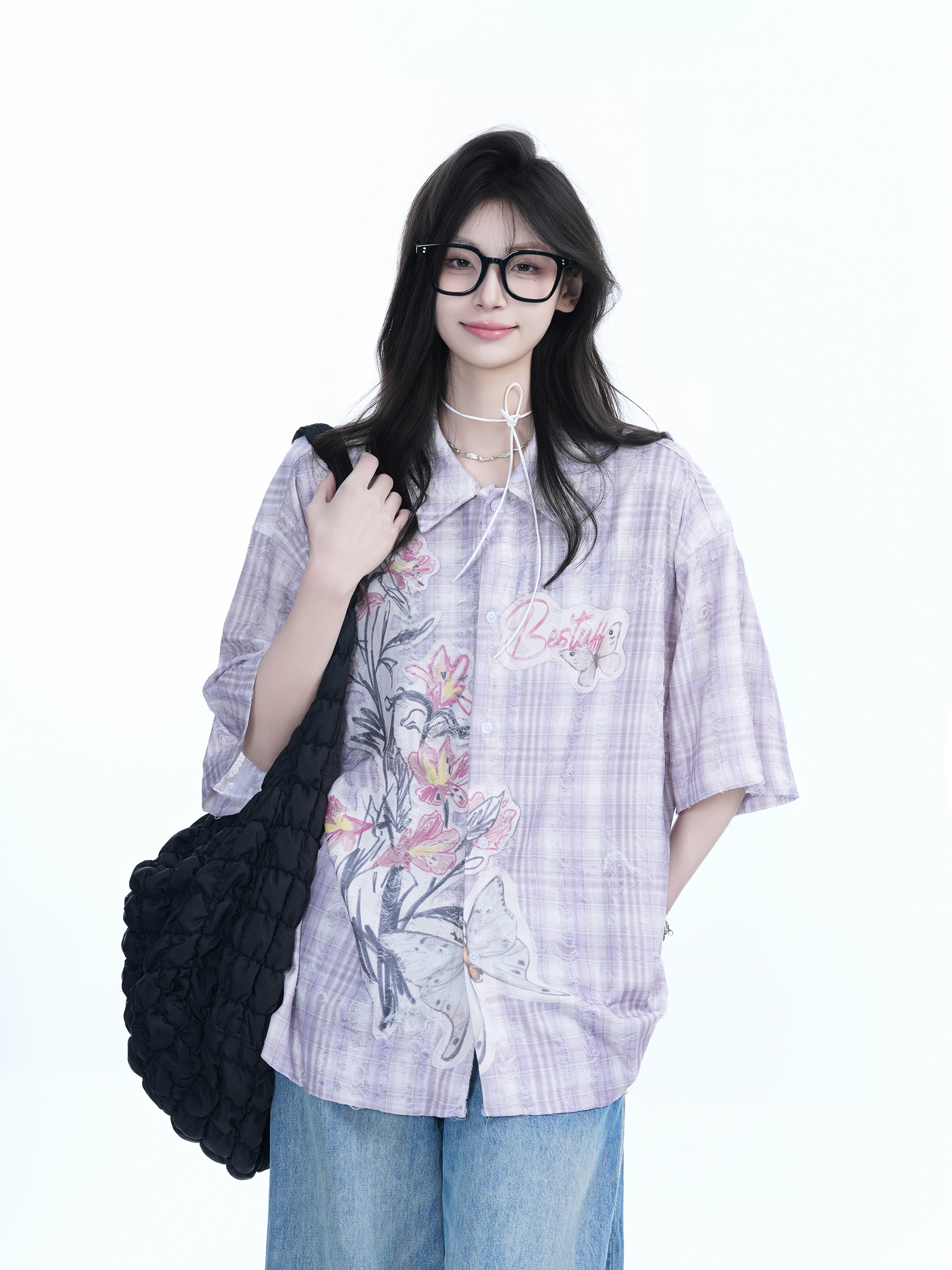 Floral Embroidery Pink Purple Checkered Short Sleeve Shirt for Women - Trendy Loose Fit, National Style, Perfect for Y2K Fashion