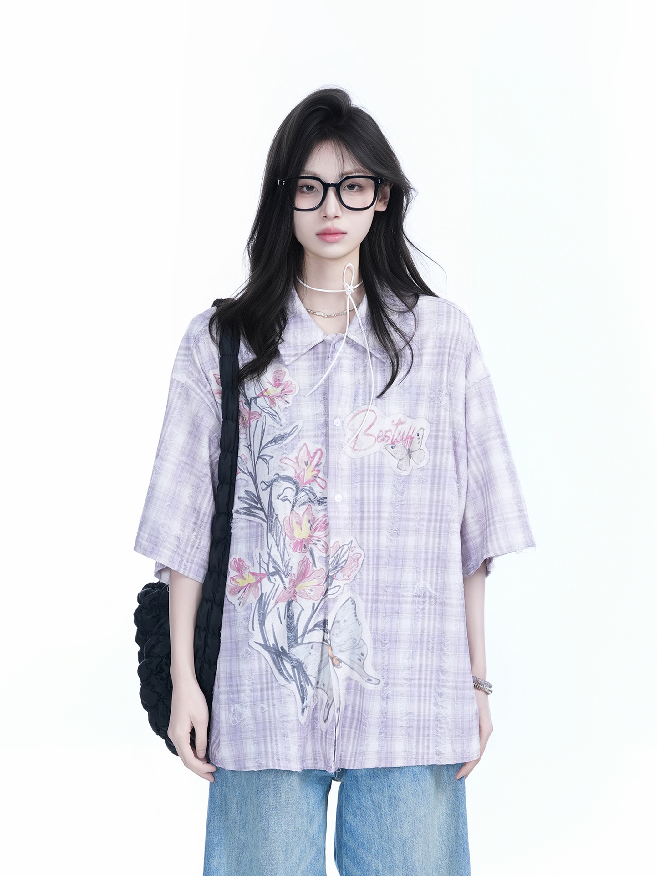 Floral Embroidery Pink Purple Checkered Short Sleeve Shirt for Women - Trendy Loose Fit, National Style, Perfect for Y2K Fashion