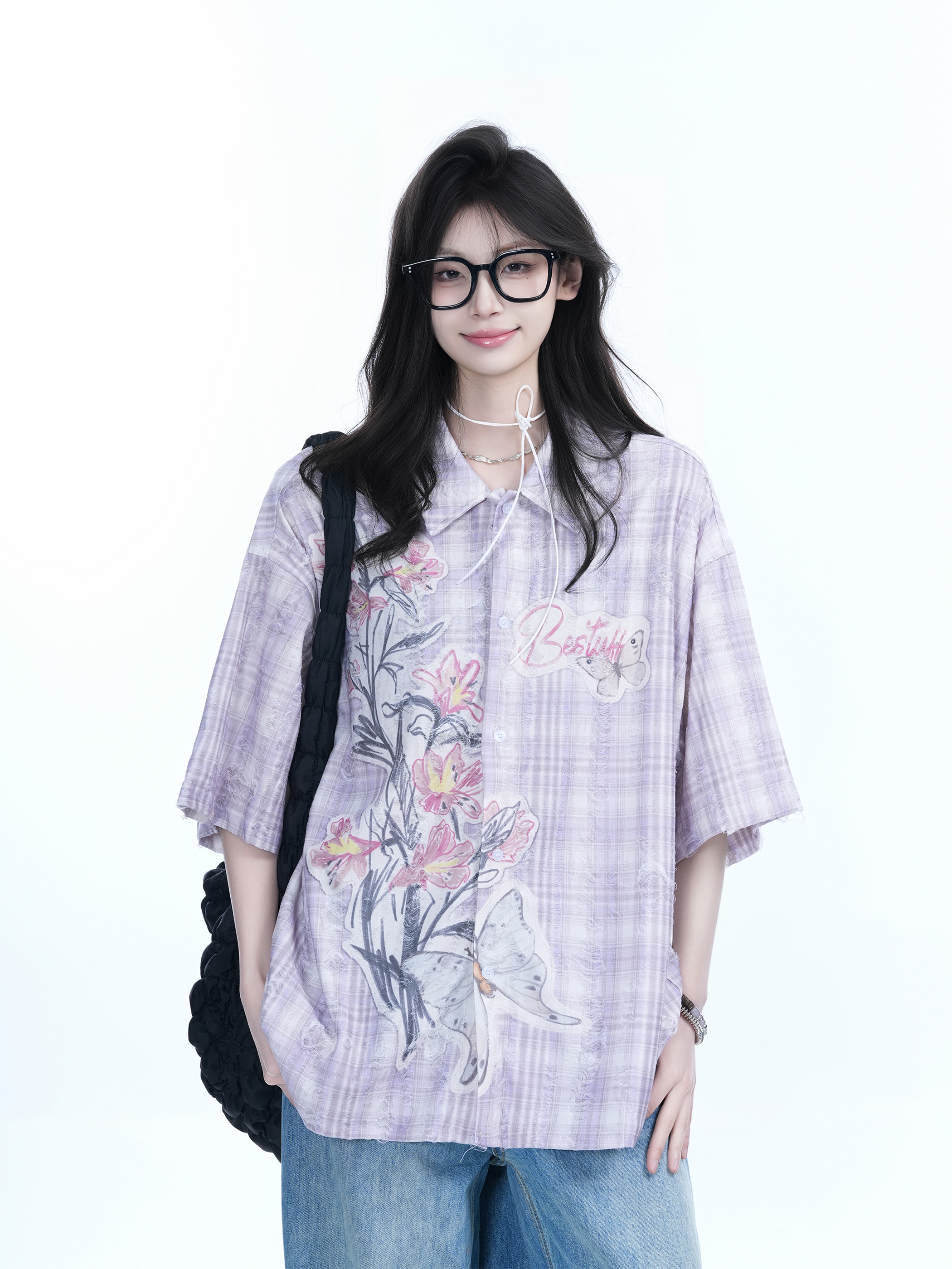 Floral Embroidery Pink Purple Checkered Short Sleeve Shirt for Women - Trendy Loose Fit, National Style, Perfect for Y2K Fashion