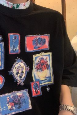 Floral High Neck Vintage T-Shirt with Graffiti Print - Trendy Short Sleeve Top for 90s Y2K Inspired Style