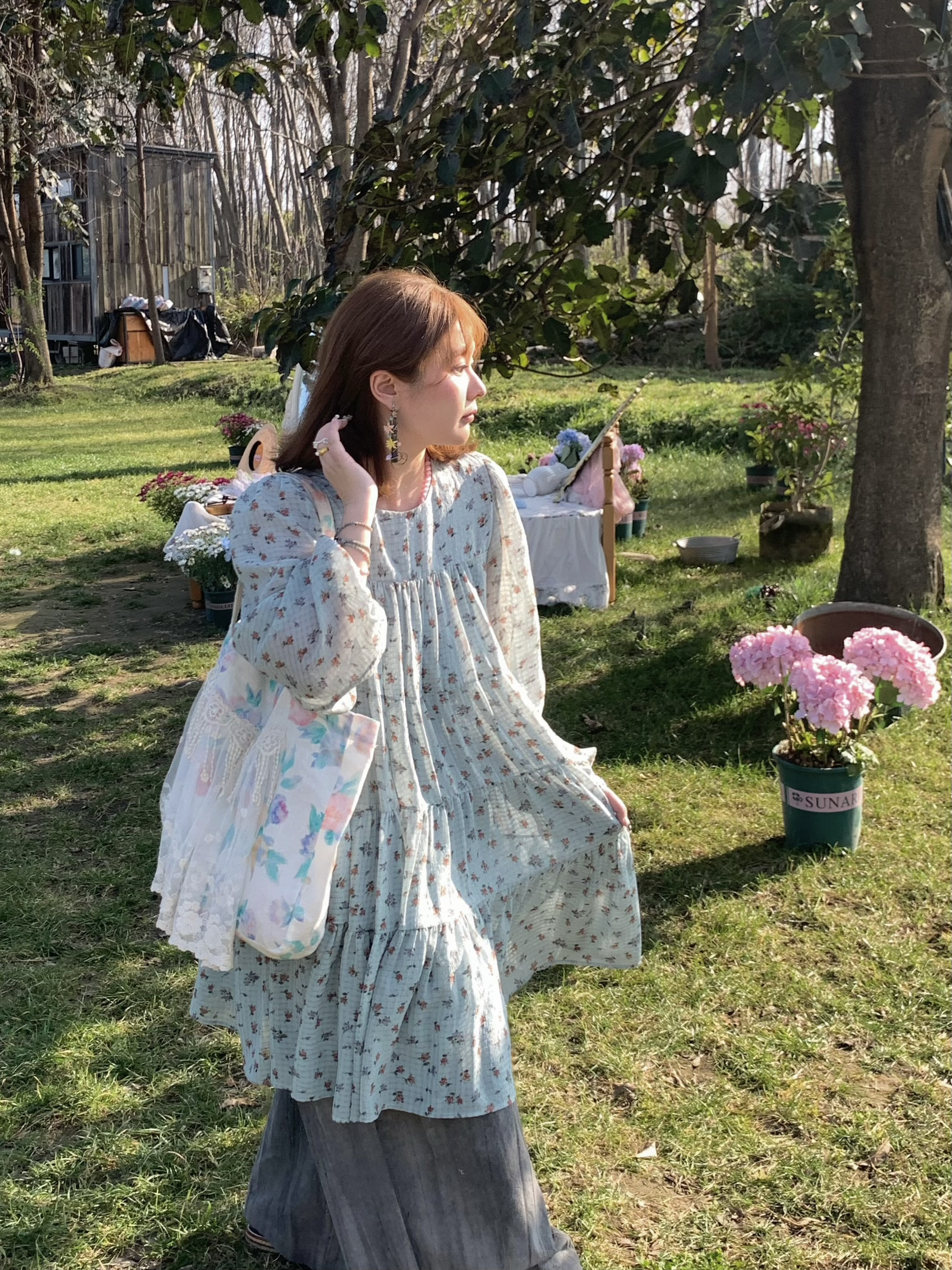 Floral Long Sleeve Chiffon Dress for Women - Spring Loose Puff Sleeve Cake Dress, Vintage Flower Dance Style, Perfect for Spring Events
