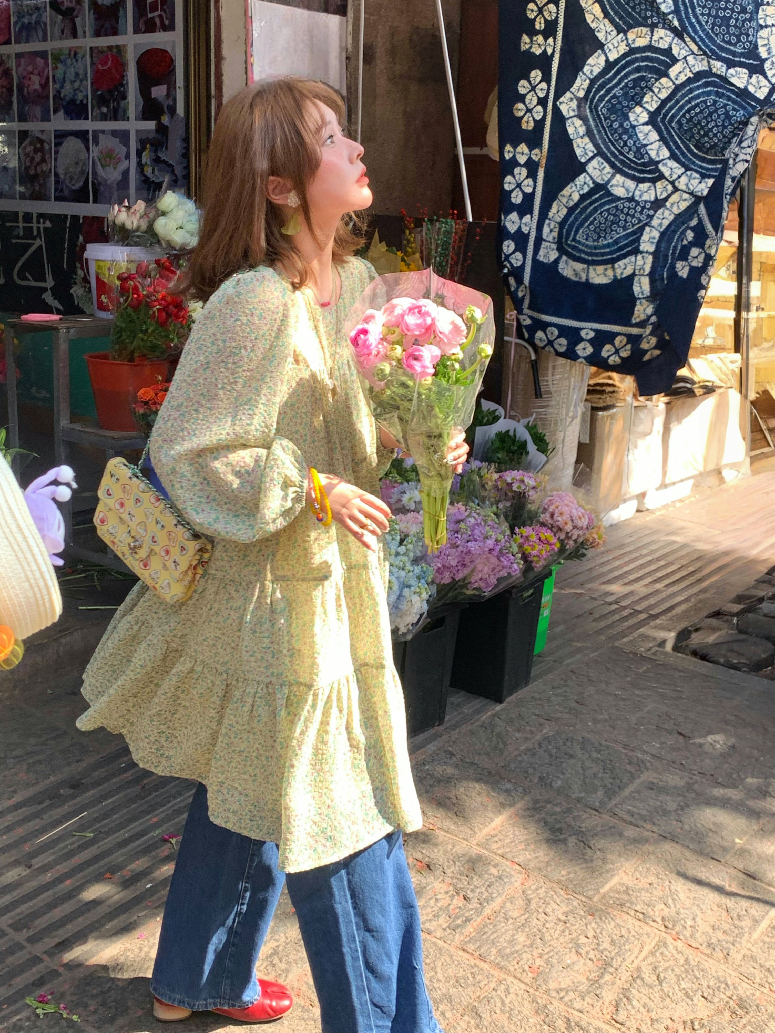 Floral Long Sleeve Chiffon Dress for Women - Spring Loose Puff Sleeve Cake Dress, Vintage Flower Dance Style, Perfect for Spring Events