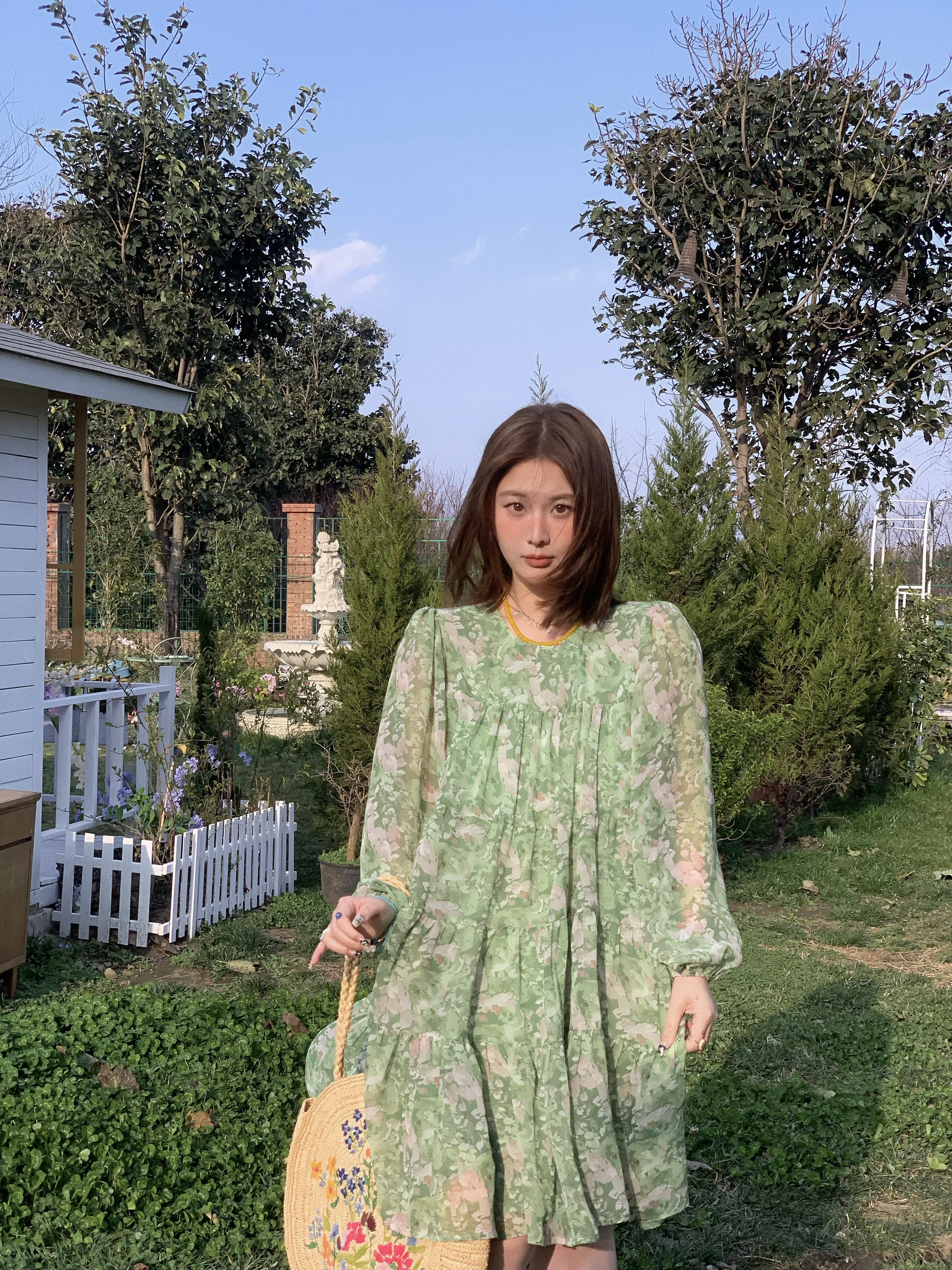 Floral Long Sleeve Chiffon Dress for Women - Spring Loose Puff Sleeve Cake Dress, Vintage Flower Dance Style, Perfect for Spring Events