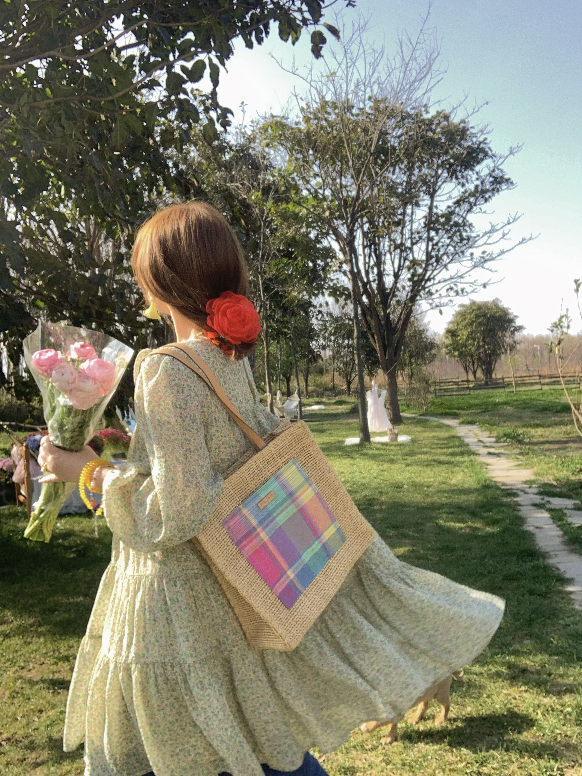 Floral Long Sleeve Chiffon Dress for Women - Spring Loose Puff Sleeve Cake Dress, Vintage Flower Dance Style, Perfect for Spring Events