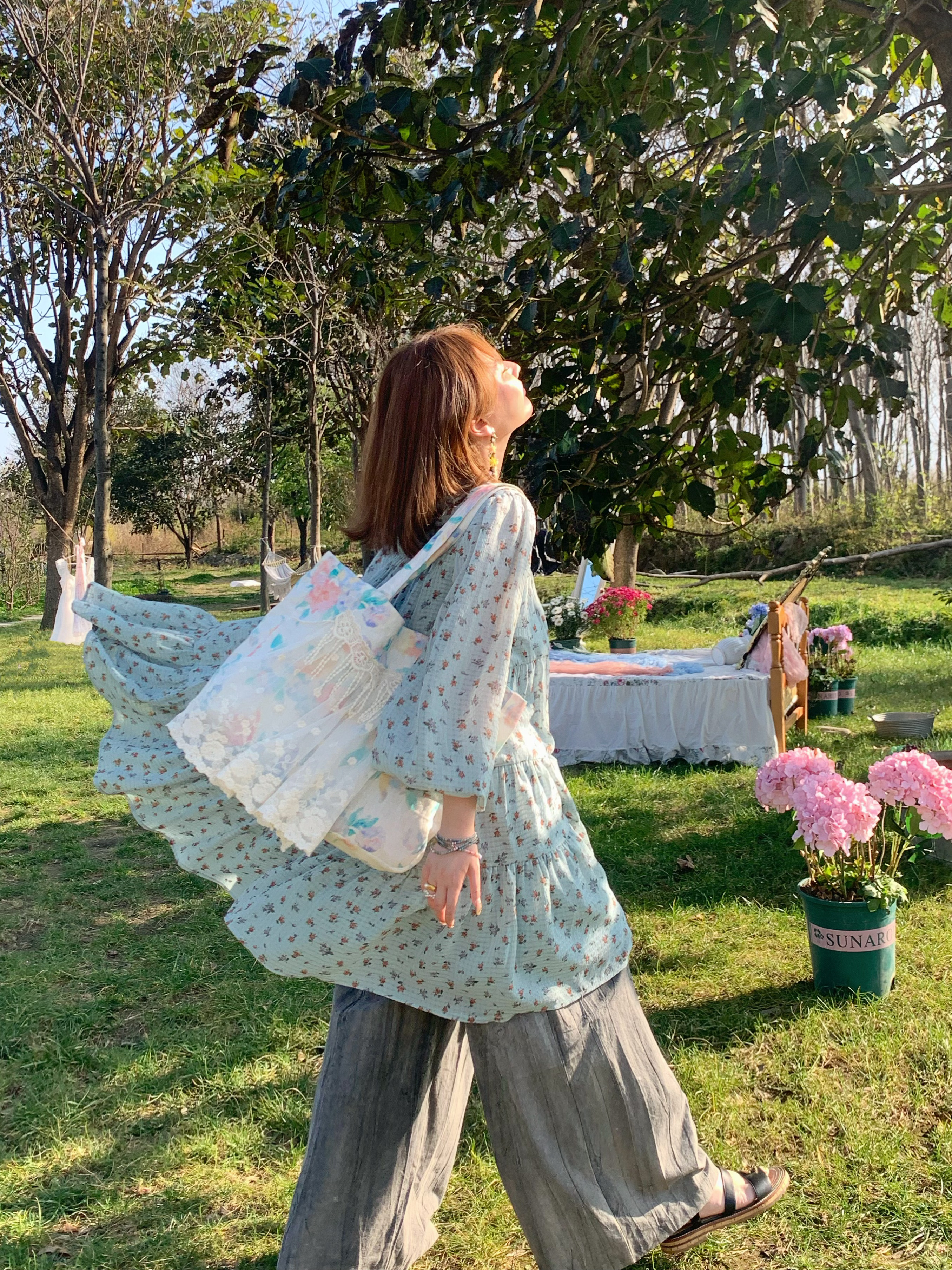 Floral Long Sleeve Chiffon Dress for Women - Spring Loose Puff Sleeve Cake Dress, Vintage Flower Dance Style, Perfect for Spring Events