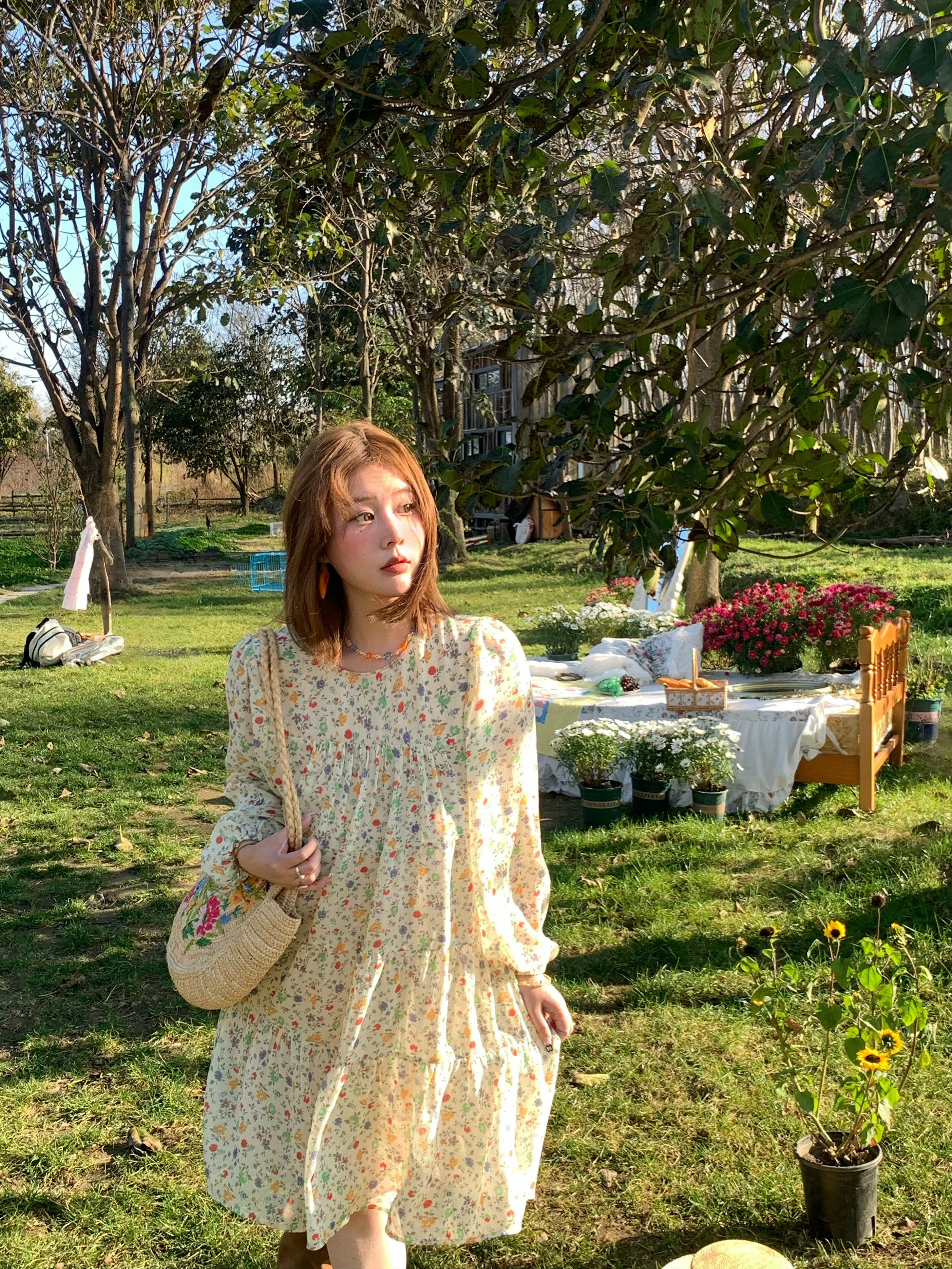 Floral Long Sleeve Chiffon Dress for Women - Spring Loose Puff Sleeve Cake Dress, Vintage Flower Dance Style, Perfect for Spring Events