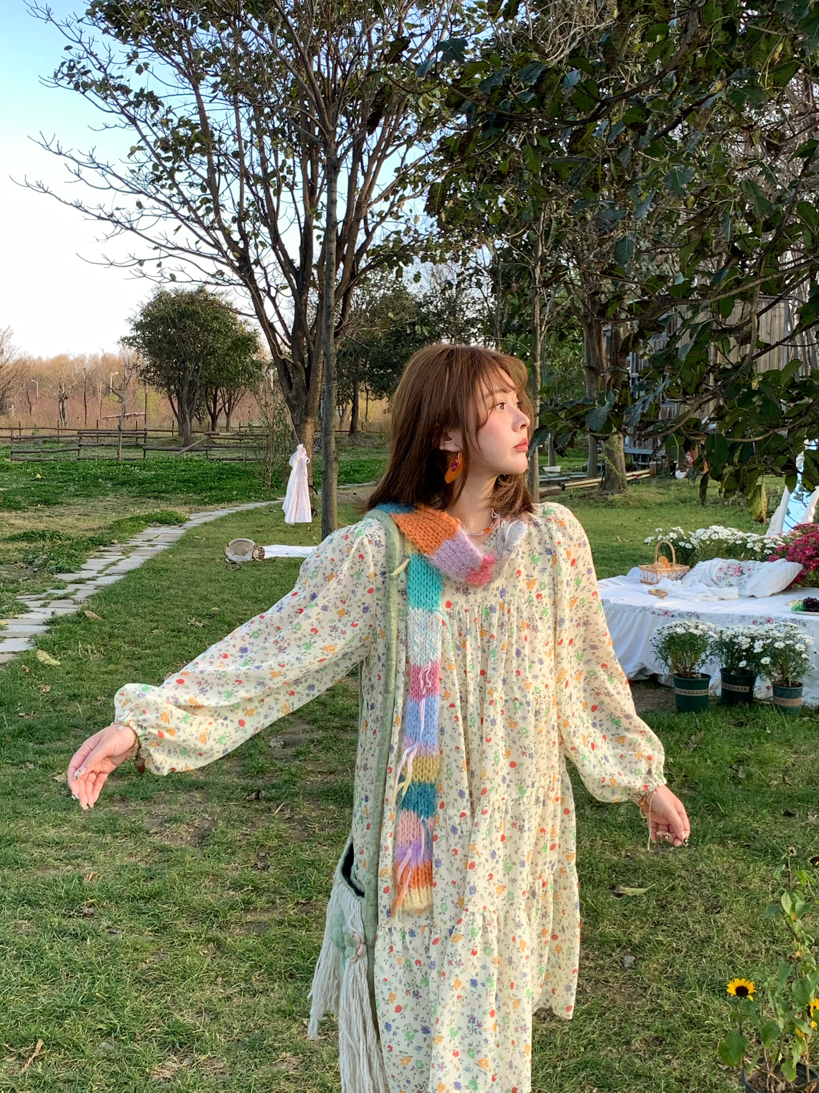 Floral Long Sleeve Chiffon Dress for Women - Spring Loose Puff Sleeve Cake Dress, Vintage Flower Dance Style, Perfect for Spring Events