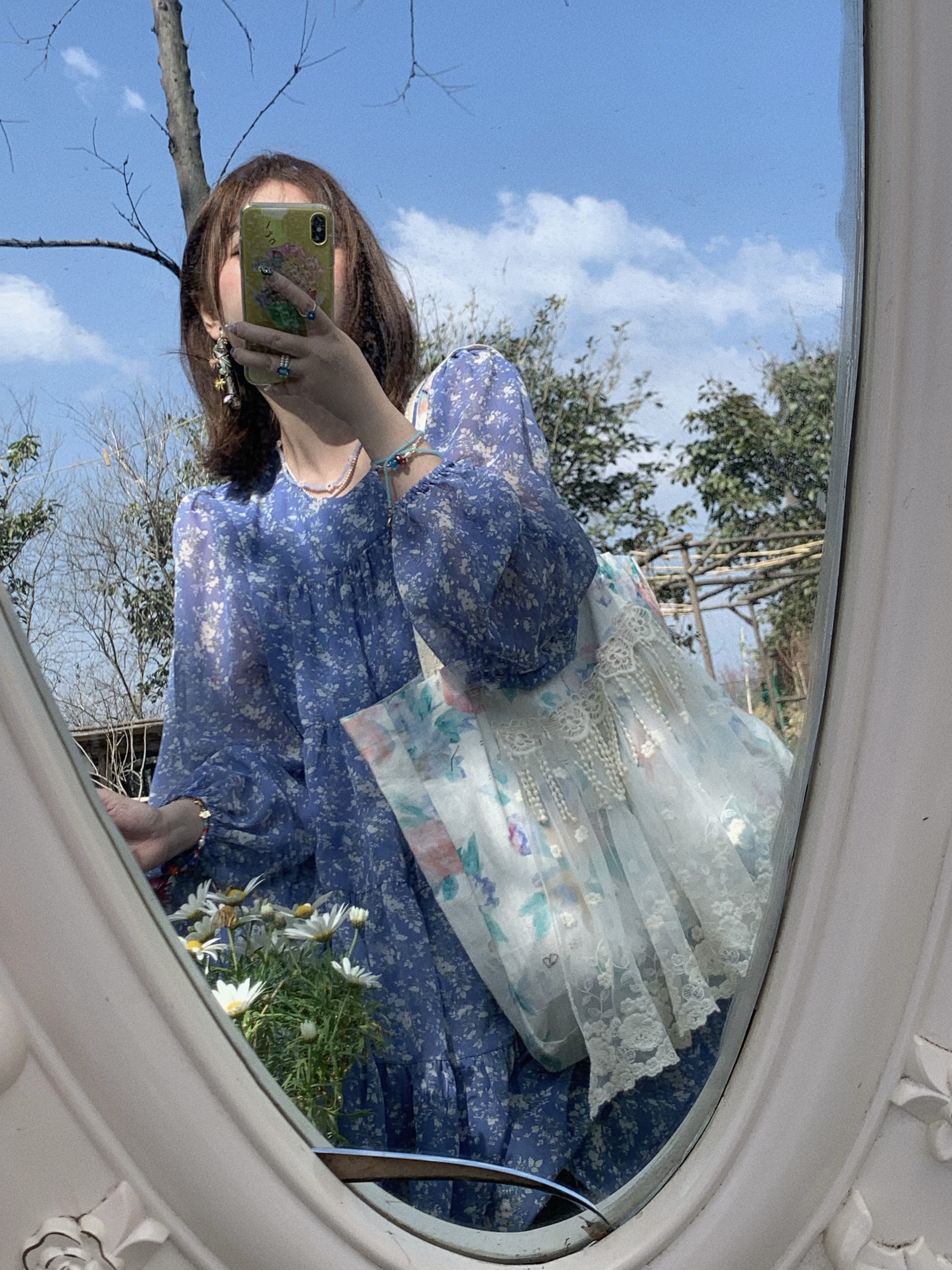 Floral Long Sleeve Chiffon Dress for Women - Spring Loose Puff Sleeve Cake Dress, Vintage Flower Dance Style, Perfect for Spring Events