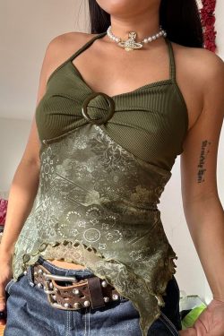 Forest Element Women's Backless Slim Top with Ruffled Edge, Round Neck, Spliced Strap Design - Trendy Niche Fashion