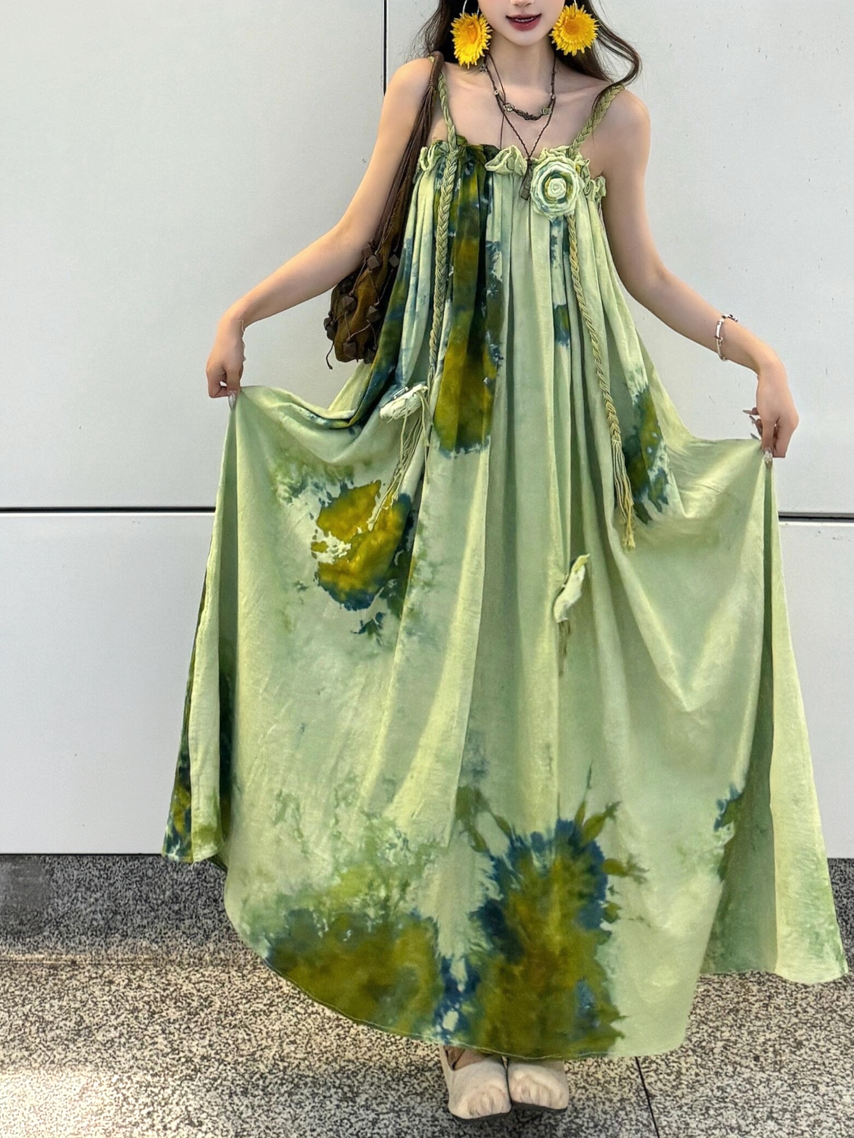 Forest Fairy Watercolor Gradient Printed Vest Dress with 3D Flower Woven Straps - Boho Vacation Style, Summer Fashion