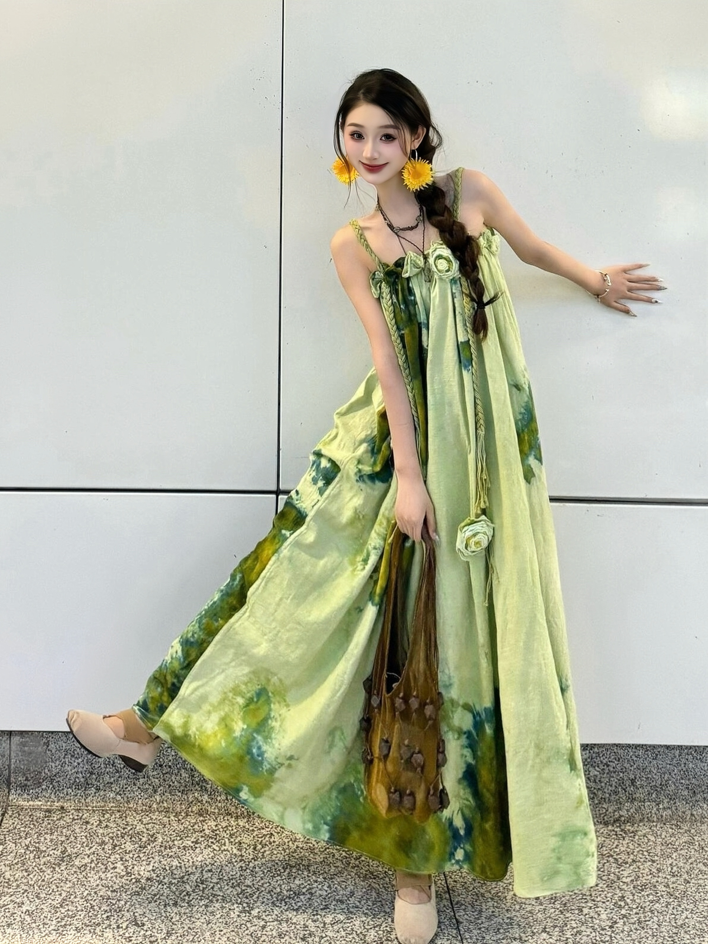 Forest Fairy Watercolor Gradient Printed Vest Dress with 3D Flower Woven Straps - Boho Vacation Style, Summer Fashion