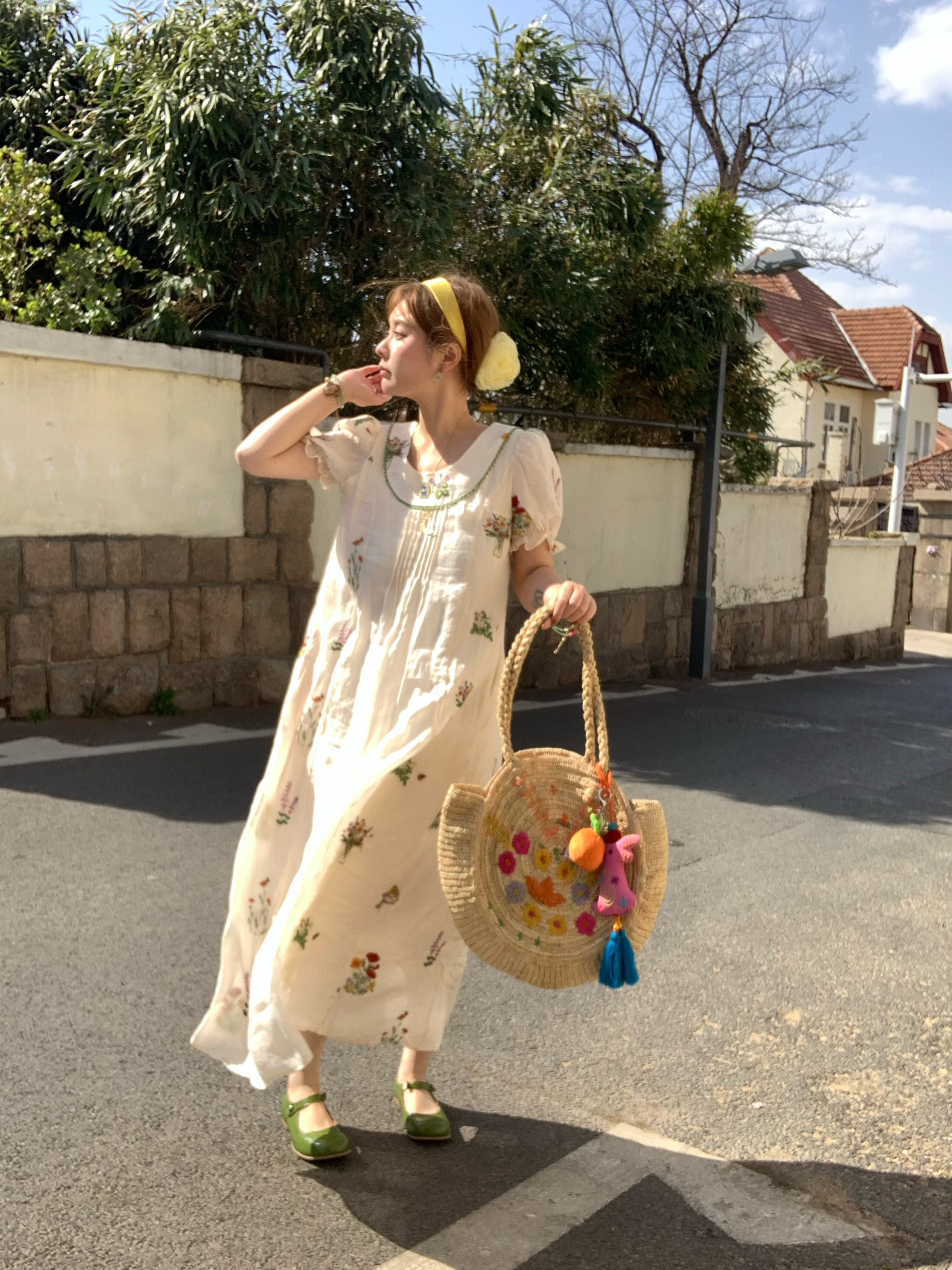 Fragrant Grass Flower Embroidered Shirt Dress for Women - Retro Ramie Summer Dress with Loose Puff Sleeves