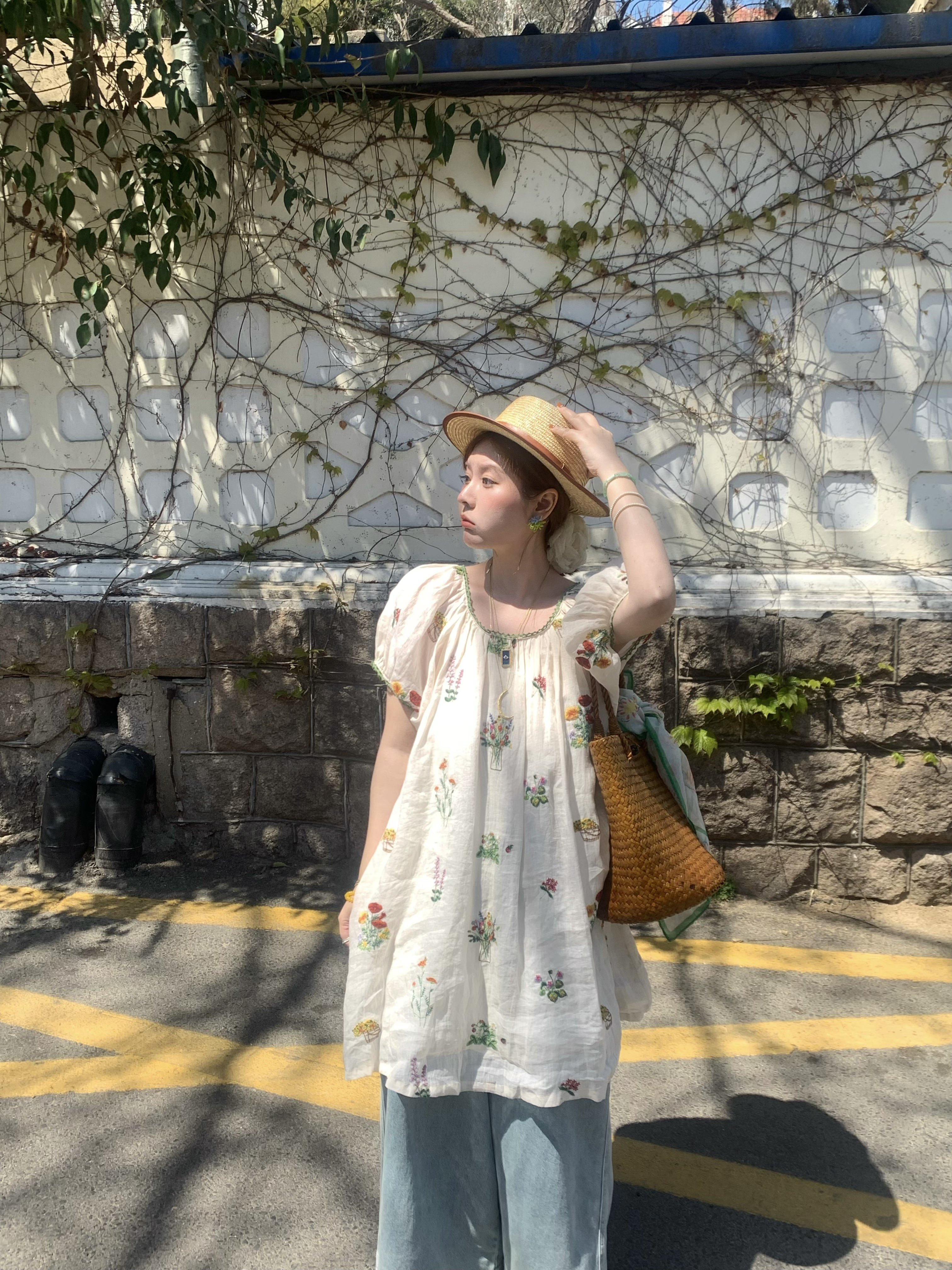 Fragrant Grass Flower Embroidered Shirt Dress for Women - Retro Ramie Summer Dress with Loose Puff Sleeves