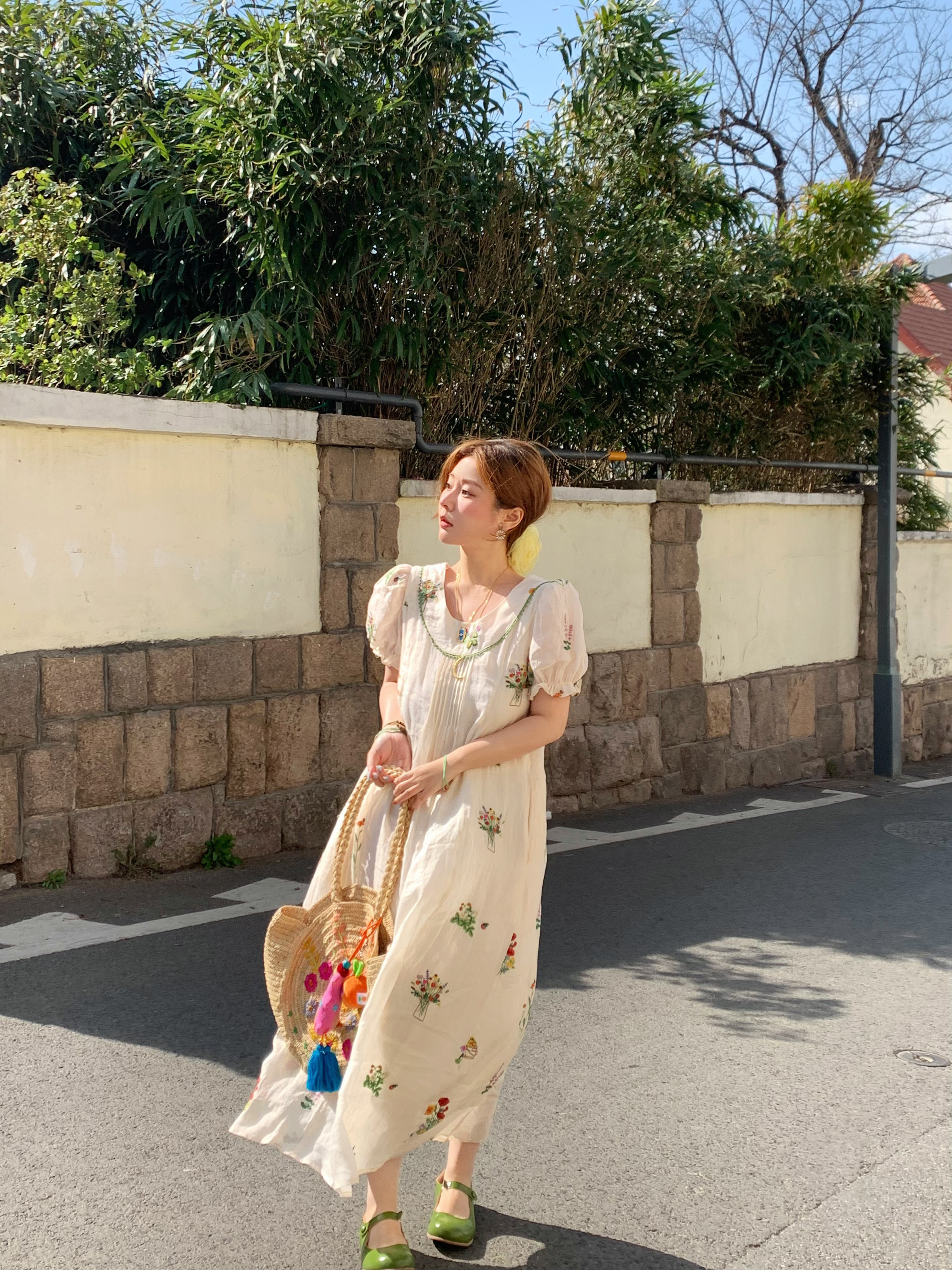 Fragrant Grass Flower Embroidered Shirt Dress for Women - Retro Ramie Summer Dress with Loose Puff Sleeves