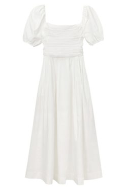 French-Style White Long Dress for Women, Square Neck, Elegant Puff Sleeves, Perfect for Petite Figures, Spring/Summer 2025