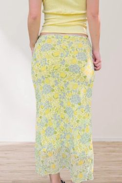 Fresh Dopamine Floral Bodycon Skirt - Women's Low Waist Lace-Up Mesh Straight Skirt - Trendy Y2K Style