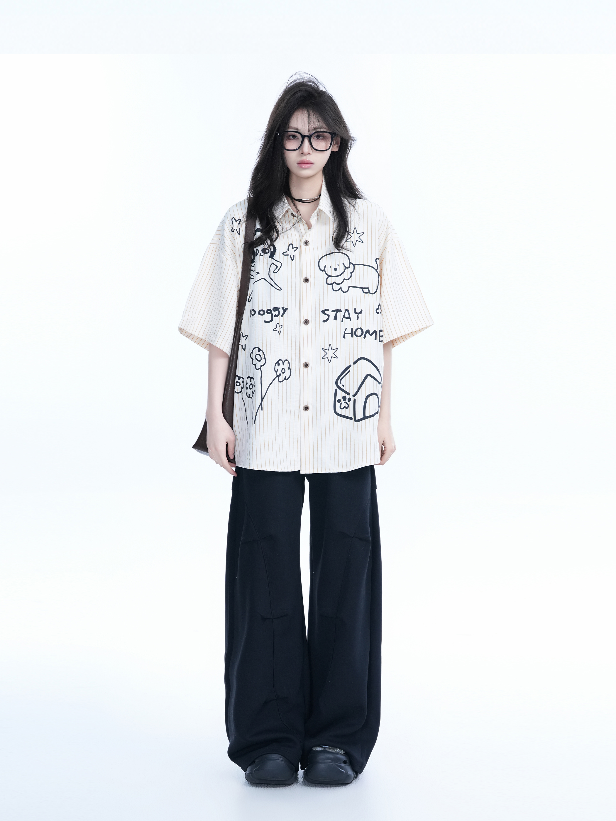 Fun Cartoon Doodle Dog Vertical Striped Short-Sleeve Shirt for Women, Loose Fit Trendy Top, Casual 90s Style