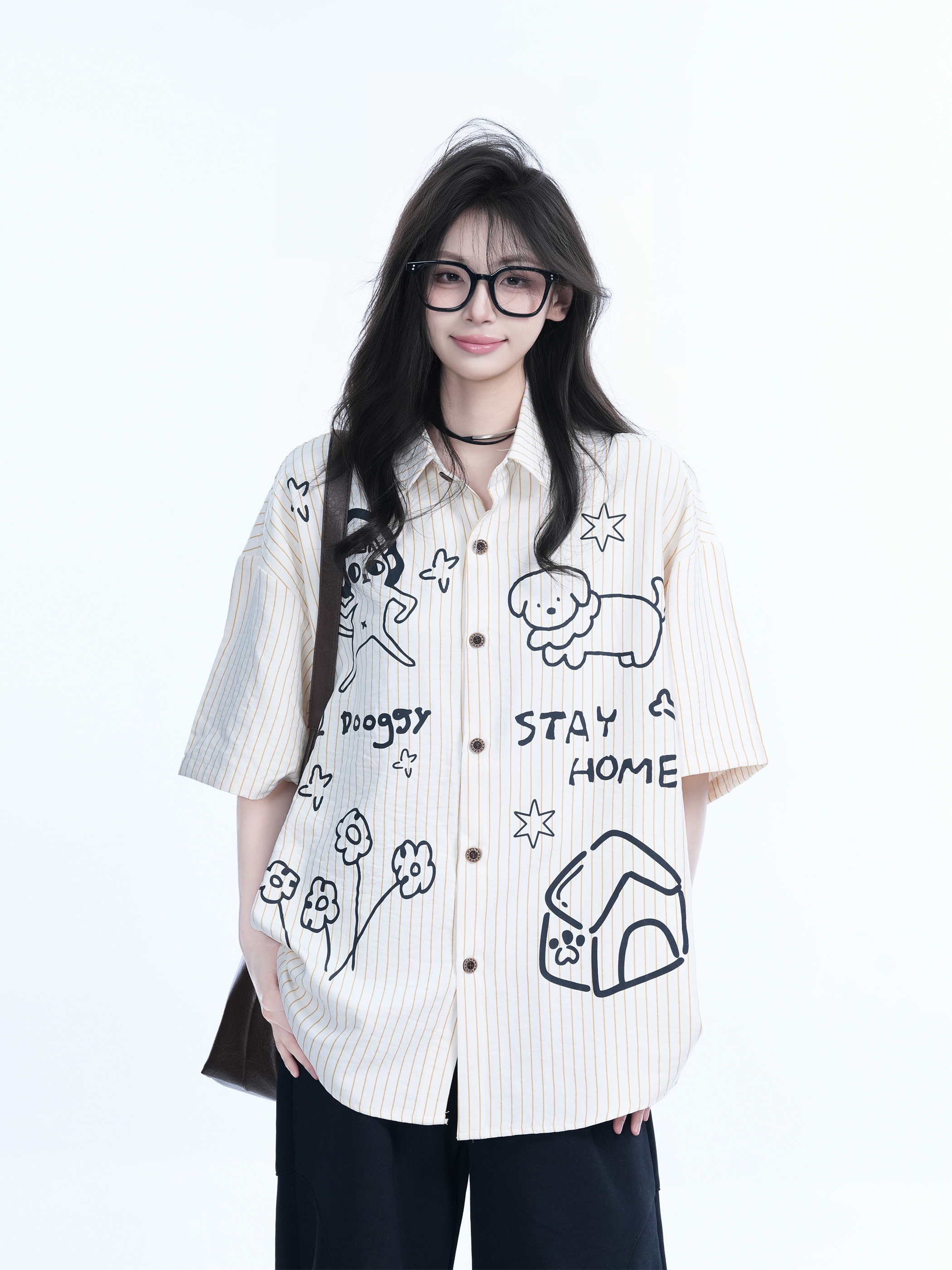 Fun Cartoon Doodle Dog Vertical Striped Short-Sleeve Shirt for Women, Loose Fit Trendy Top, Casual 90s Style