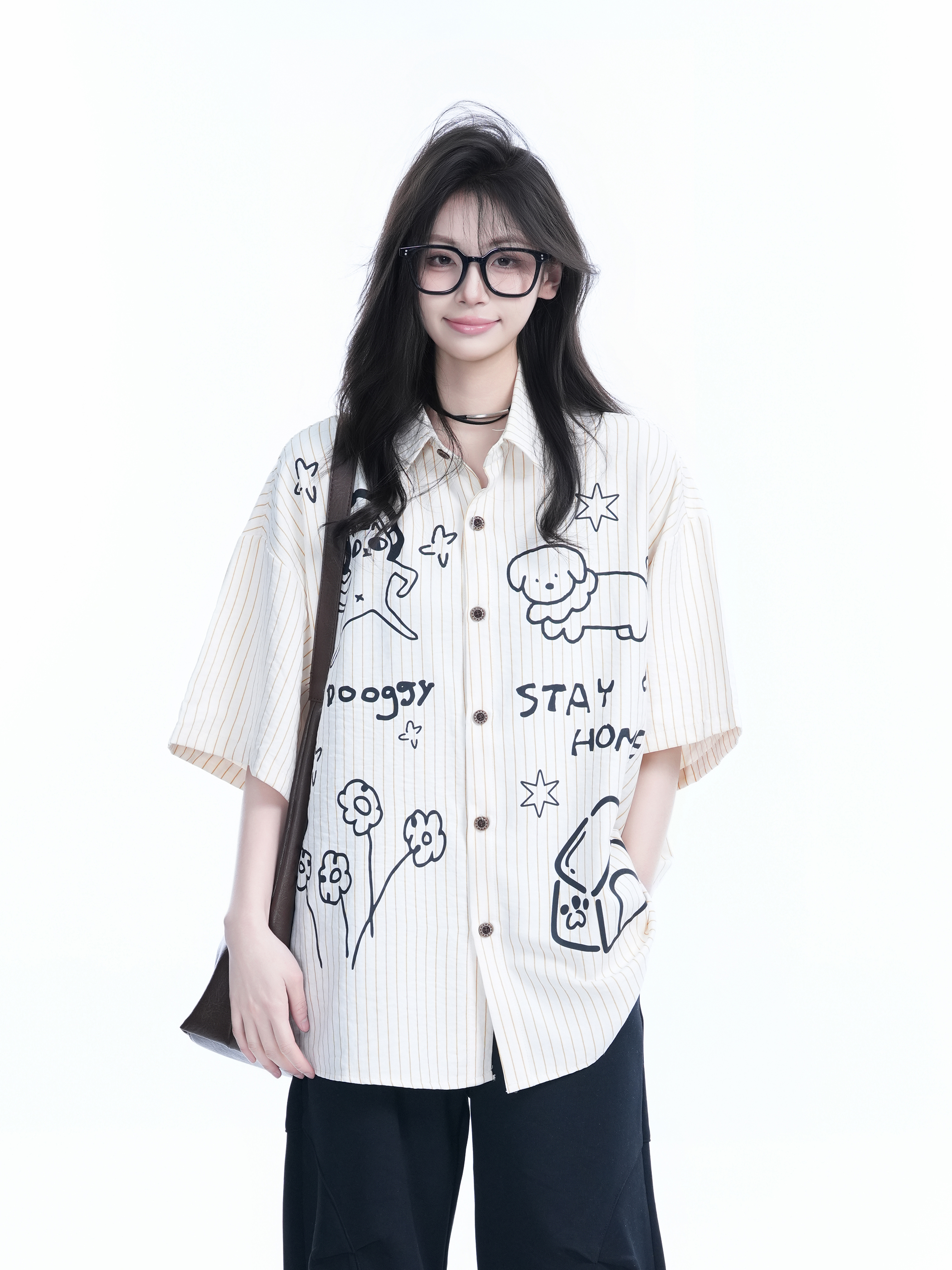 Fun Cartoon Doodle Dog Vertical Striped Short-Sleeve Shirt for Women, Loose Fit Trendy Top, Casual 90s Style