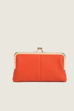 Genuine Leather Long Clutch Wallet - Minimalist Solid Color Clip Bag with High-End Metal Frame, Large Capacity Coin Purse for Women