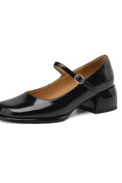 Genuine Leather Round Toe Mid Heel Chunky Mary Jane Shoes for Women - Silver One Strap Design, Spring 2025 Style