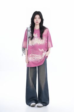 Gradient Pink Oversized Short Sleeve T-Shirt for Women - Trendy American High Street Style with 