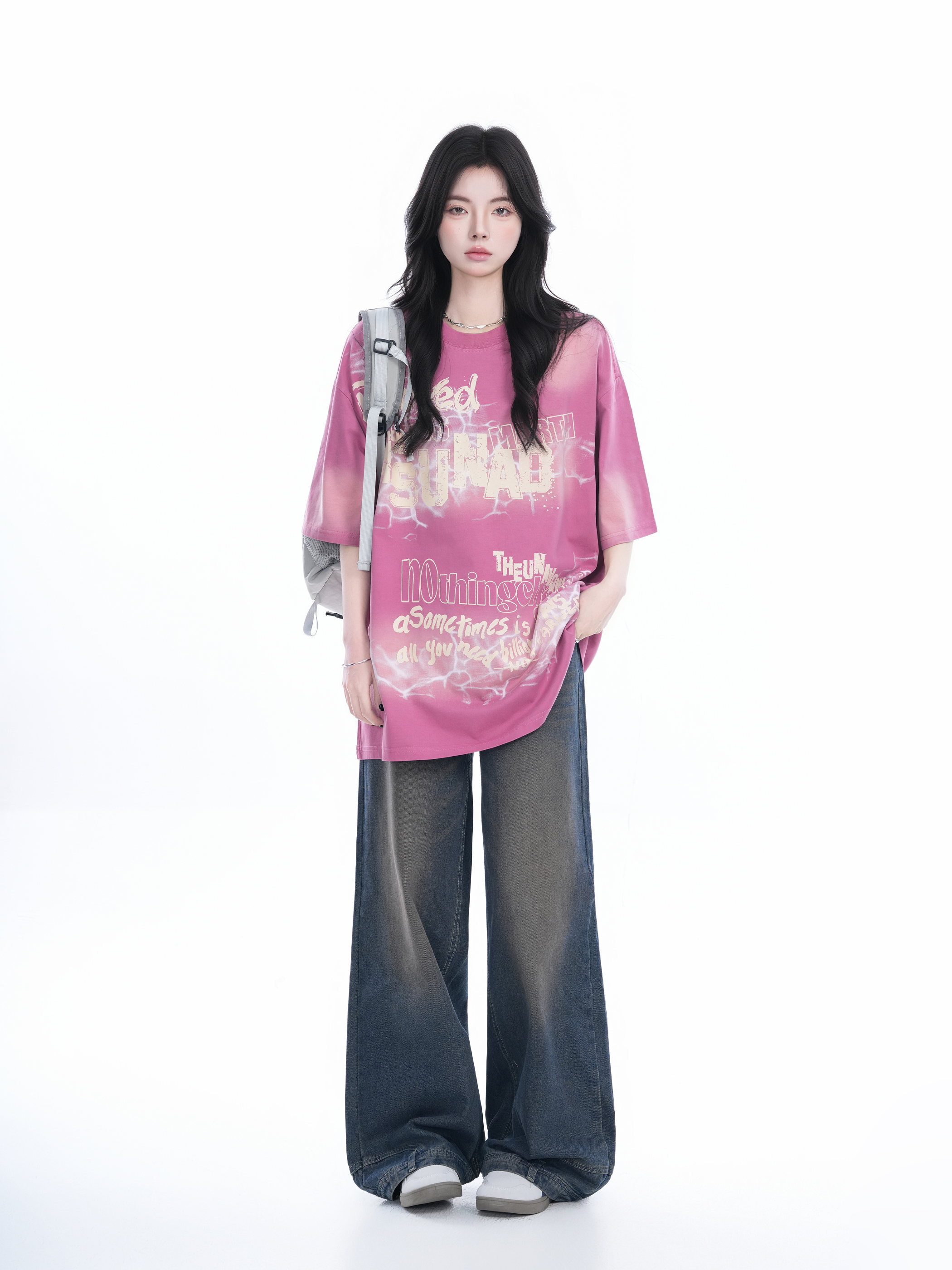 Gradient Pink Oversized Short Sleeve T-Shirt for Women - Trendy American High Street Style with "Sit and Eat Until the Mountains Are Empty" Design