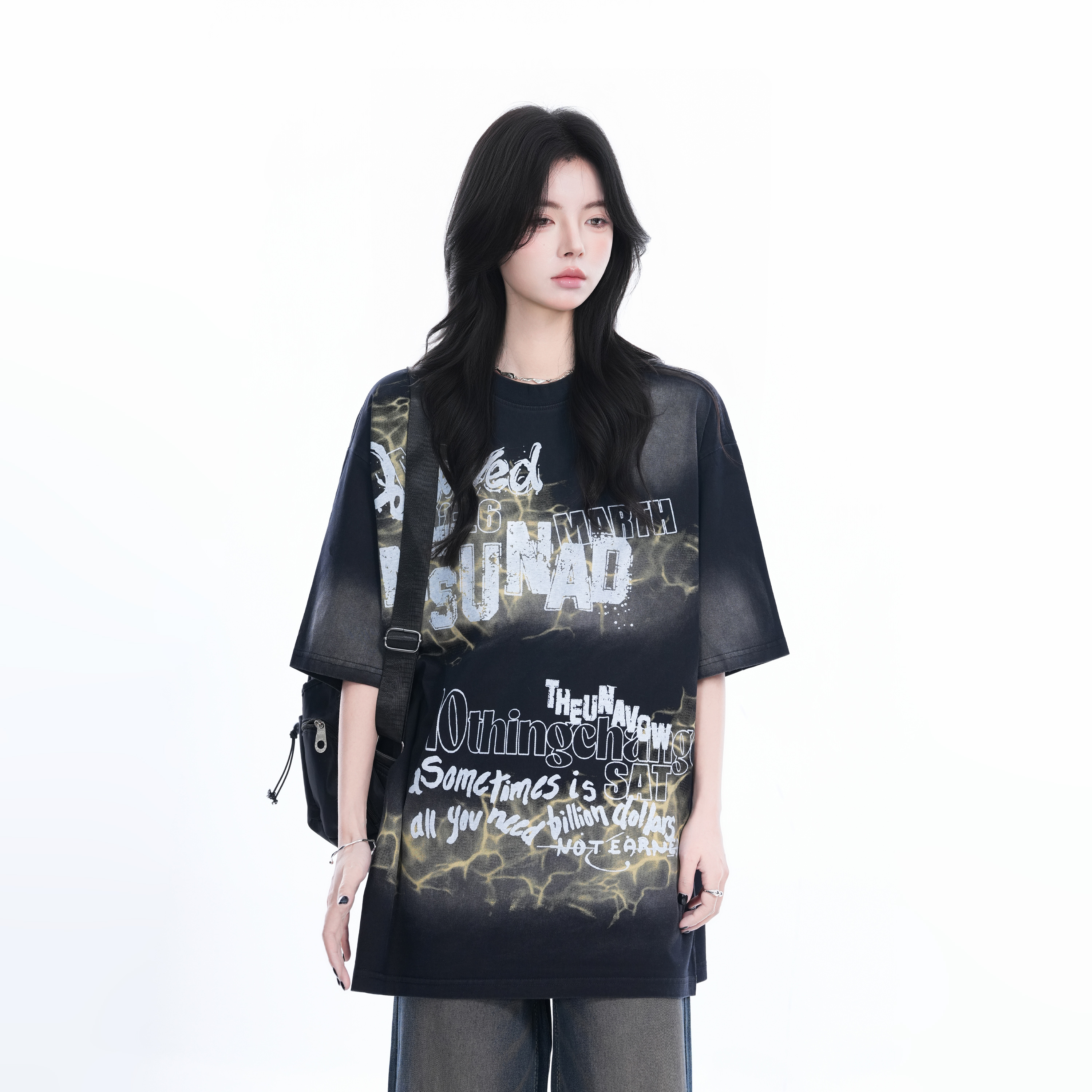 Gradient Pink Oversized Short Sleeve T-Shirt for Women - Trendy American High Street Style with "Sit and Eat Until the Mountains Are Empty" Design