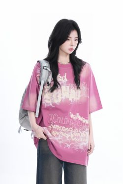 Gradient Pink Oversized Short Sleeve T-Shirt for Women - Trendy American High Street Style with 