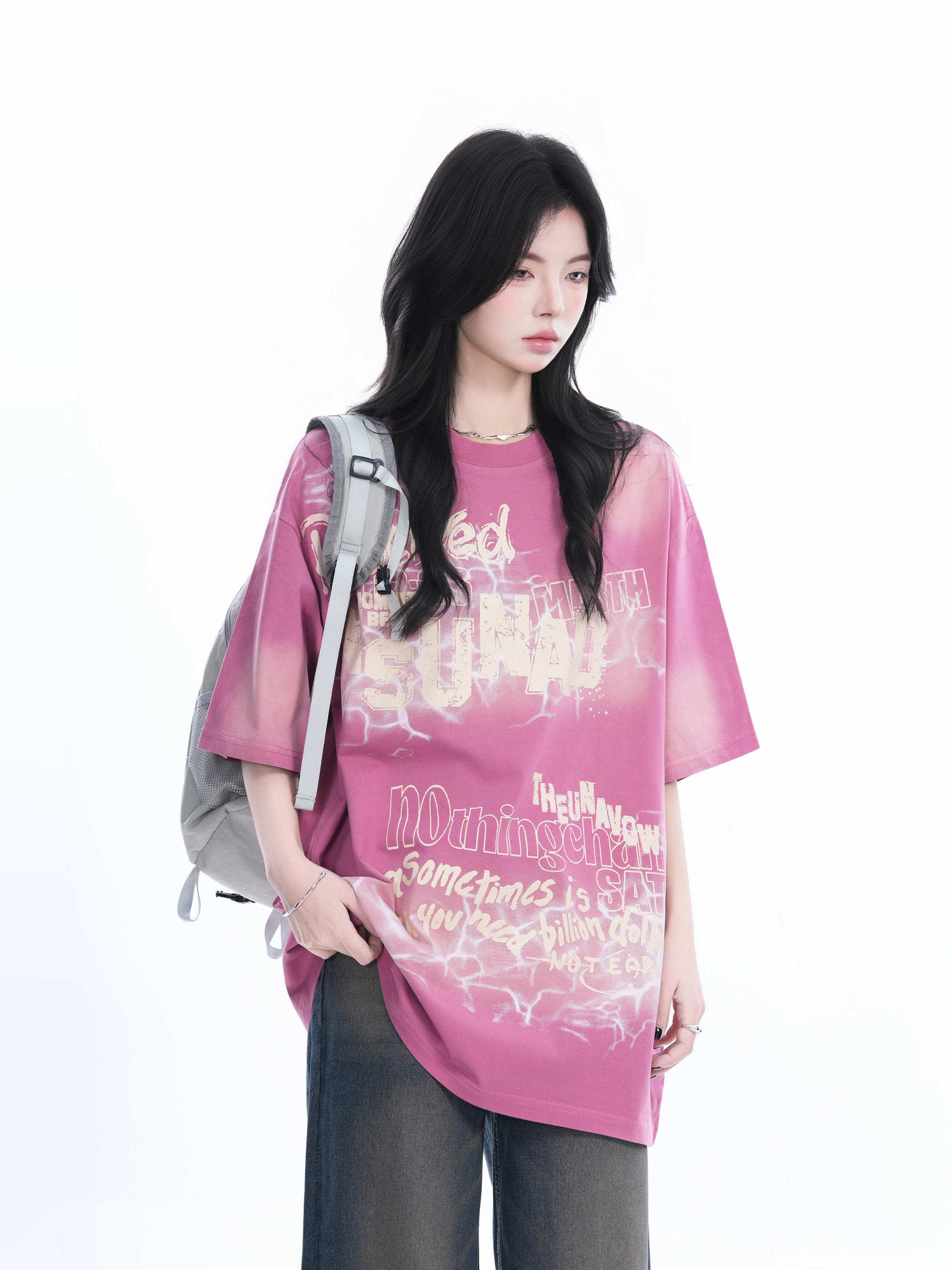 Gradient Pink Oversized Short Sleeve T-Shirt for Women - Trendy American High Street Style with "Sit and Eat Until the Mountains Are Empty" Design