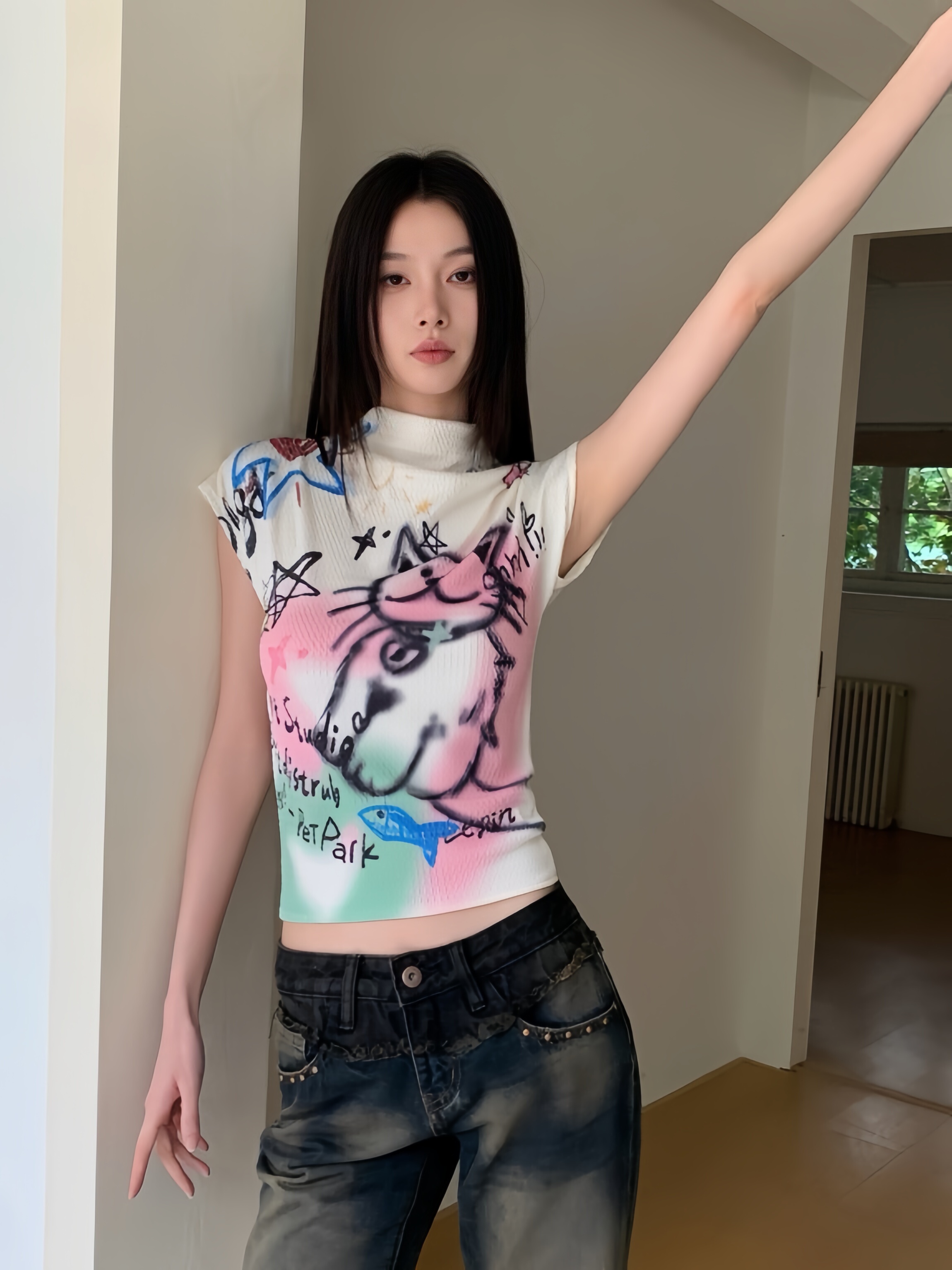 Graffiti Cat Short Sleeve T-Shirt - Textured Knit, Slim Fit, Niche Design, 2024 Early Spring Collection, Trendy Street Style