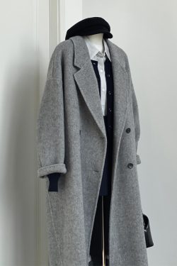 Gray Reversible Cashmere Coat for Women - High-End Woolen Jacket, Mid-Length, Korean Style, Autumn Winter 2024 Fashion