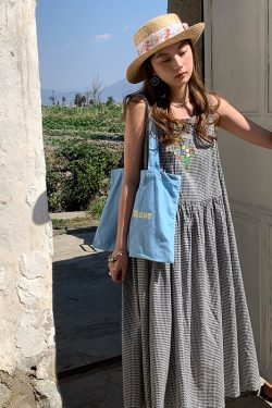 Green Apple Berry Plaid Embroidered Vest Dress for Women - Summer Loose A-Line High Waist Flared Long Skirt, Vintage Style