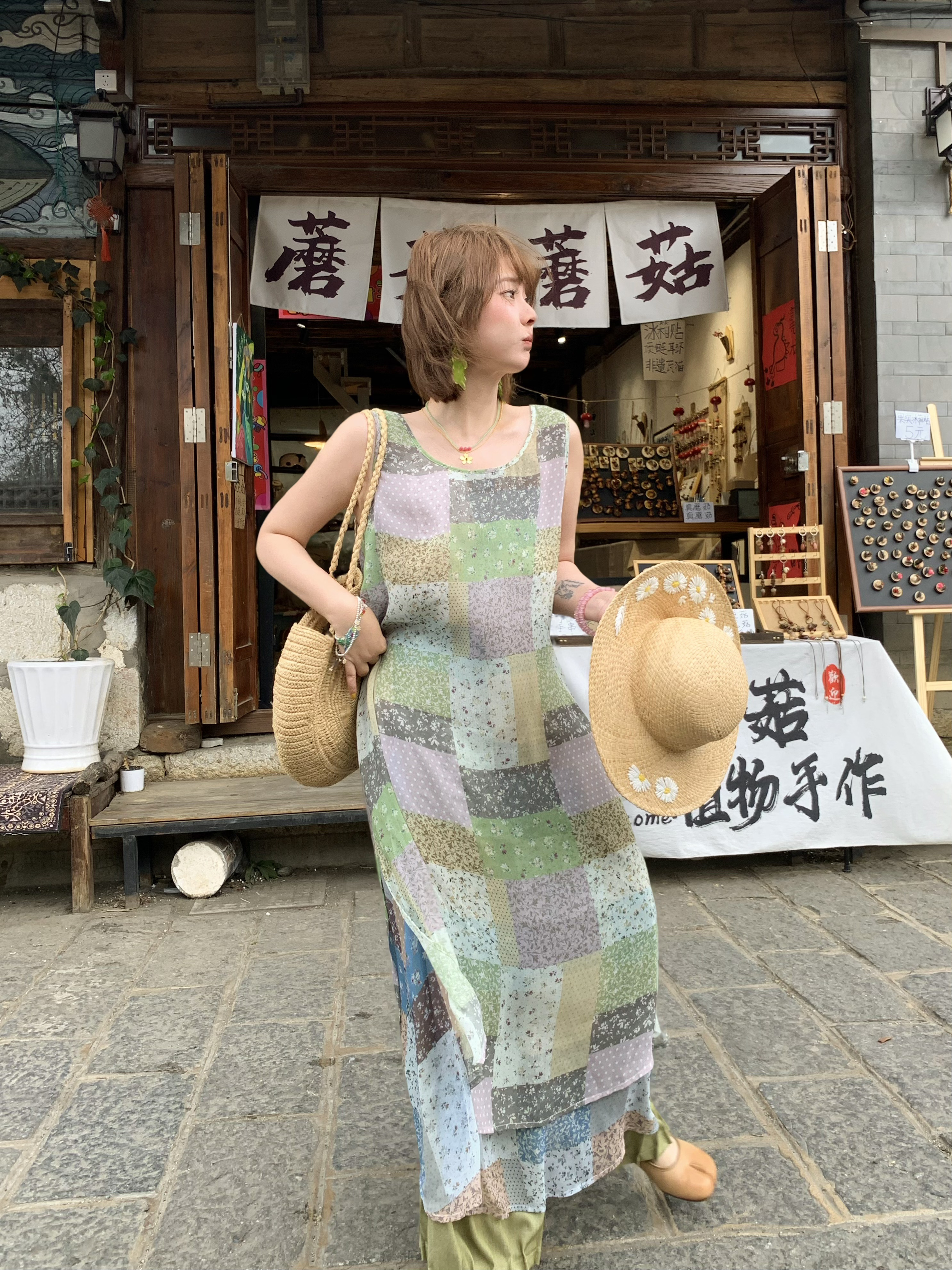 Green Field Ripples Retro Patchwork Chiffon Layered Dress for Women - Vintage Summer Forest Style Long Dress